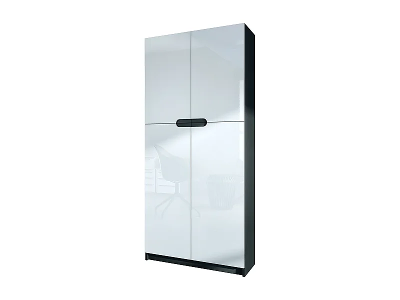 Meuble rangement bureau Logan V1, Armoire de bureau haute avec 5 compartiments et 4 portes, noir mat/blanc haute brillance (82 x 185 x 37 cm)