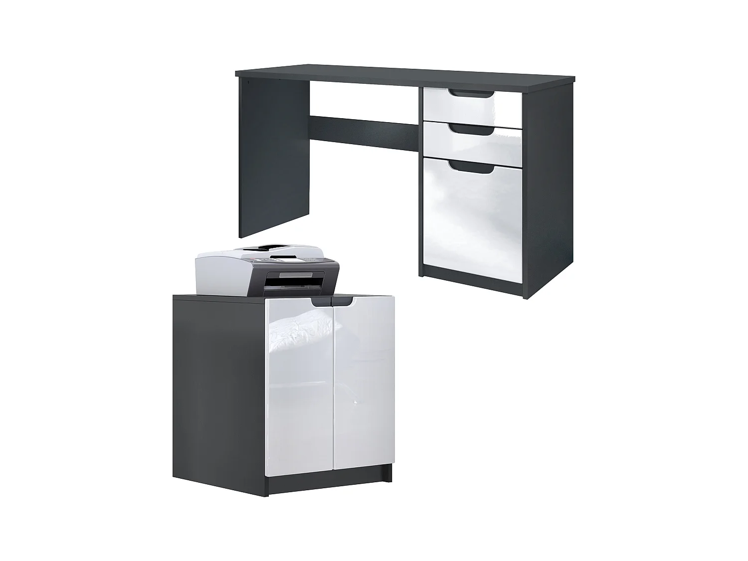 Mobilier de bureau ensemble bureau à domicile Paris, fabriqué en Allemagne avec meuble pour imprimante et bureau, noir mat / blanc haute brillance