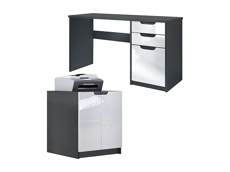 Mobilier de bureau ensemble bureau à domicile Paris, fabriqué en Allemagne avec meuble pour imprimante et bureau, noir mat / blanc haute brillance