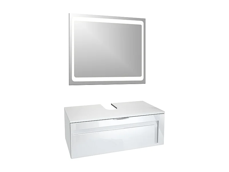 Mueble de baño Aloha V2, carcasa en blanco mate / frentes en blanco alto brillo con compensaciones en blanco alto brillo, con lavabo sobre encimera y espejo LED