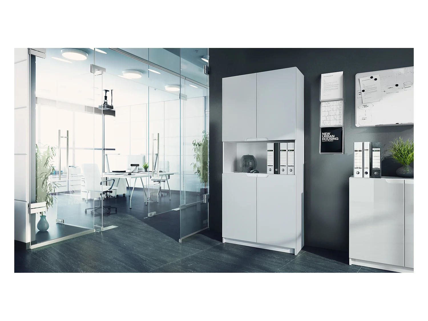 Étagère de bureau Logan V2, Armoire de rangement avec 5 compartiments et 4 portes, blanc mat/blanc mat (82 x 184 x 37 cm)