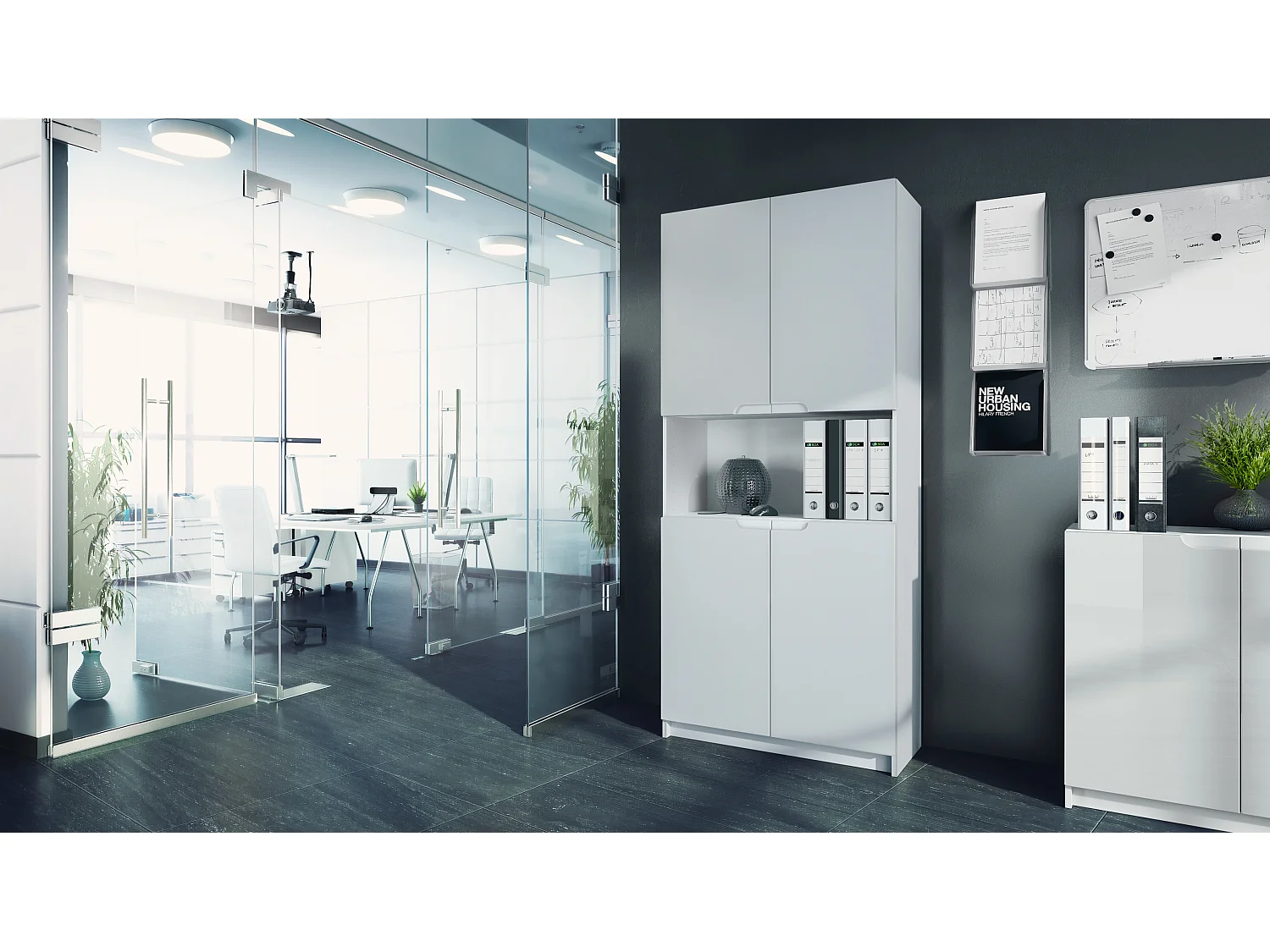 Logan V2, mobile per ufficio, schedario con 5 scomparti e 4 ante, bianco opaco/bianco opaco (82 x 184 x 37 cm)