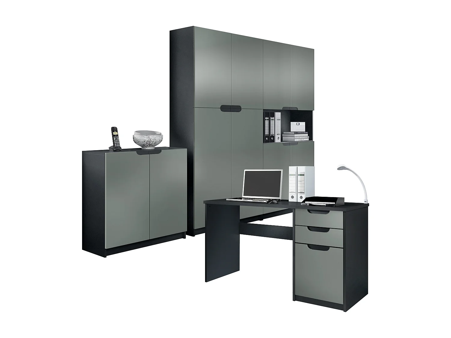 Conjunto de muebles de oficina Logan, cuerpo en negro mate / frentes en grafito satinado