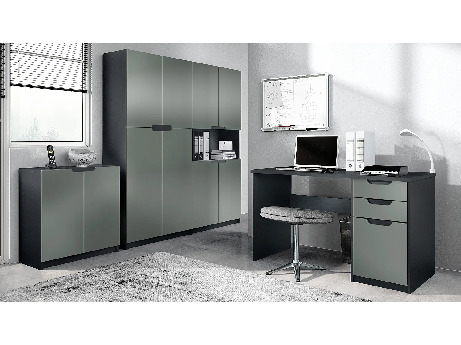 Conjunto de muebles de oficina Logan, cuerpo en negro mate / frentes en grafito satinado