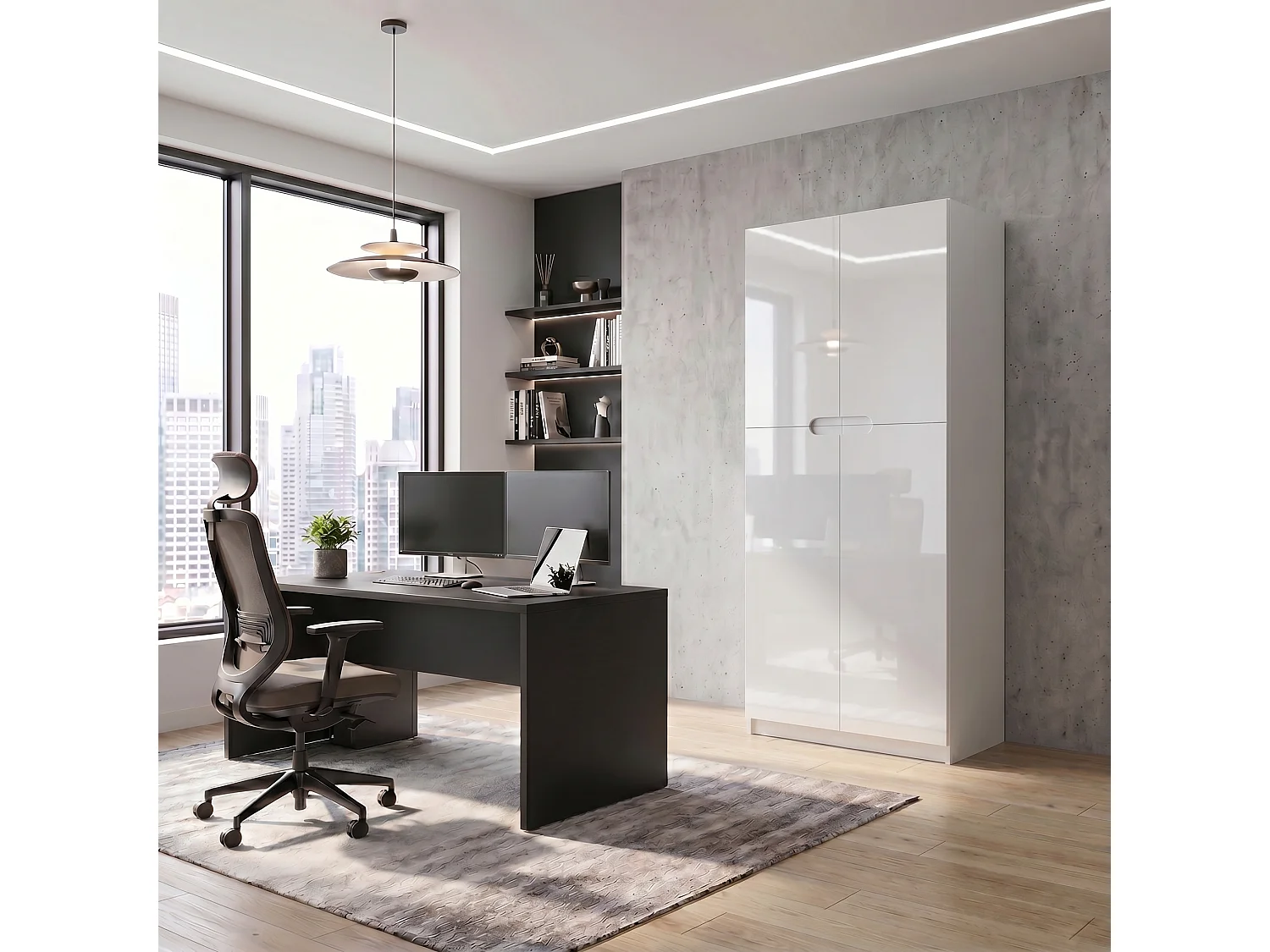 Meuble rangement bureau Logan V1, Armoire de bureau haute avec 5 compartiments et 4 portes, blanc mat/blanc haute brillance (82 x 184 x 37 cm)