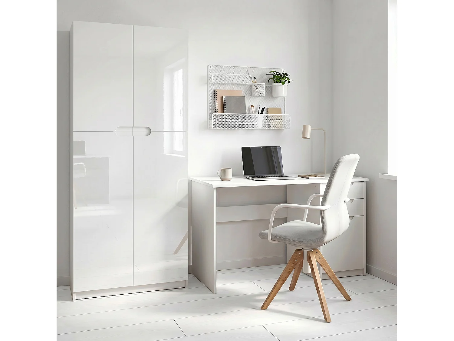 Meuble rangement bureau Logan V1, Armoire de bureau haute avec 5 compartiments et 4 portes, blanc mat/blanc haute brillance (82 x 184 x 37 cm)