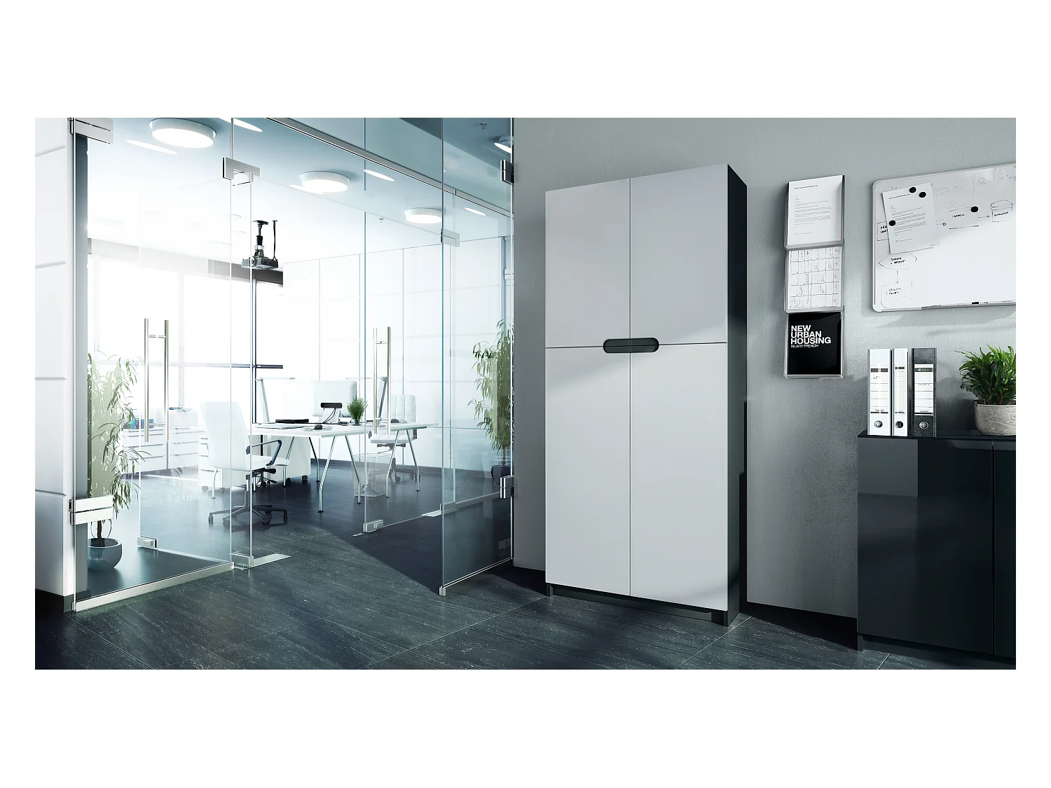 Meuble rangement bureau Logan V1, Armoire de bureau haute avec 5 compartiments et 4 portes, noir mat/blanc mat (82 x 185 x 37 cm)