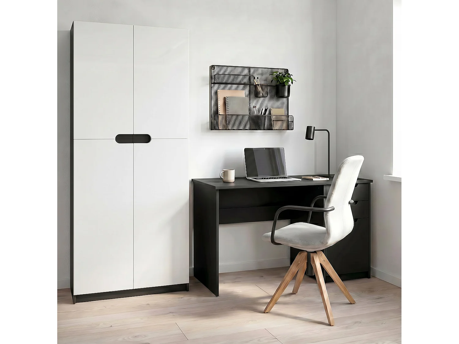 Armario Oficina Logan V1, Mueble Archivador con 5 Compartimentos y 4 Puertas, negro mate/blanco mate (82 x 185 x 37 cm)