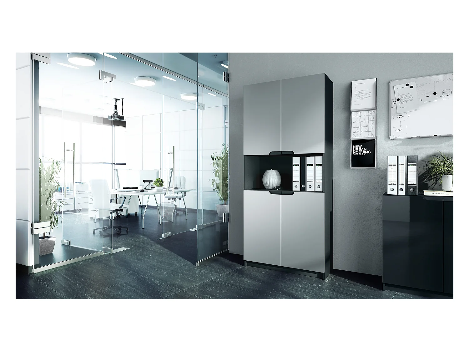 Étagère de bureau Logan V2, Armoire de rangement avec 5 compartiments et 4 portes, noir mat/gris clair satiné mat (82 x 184 x 37 cm)