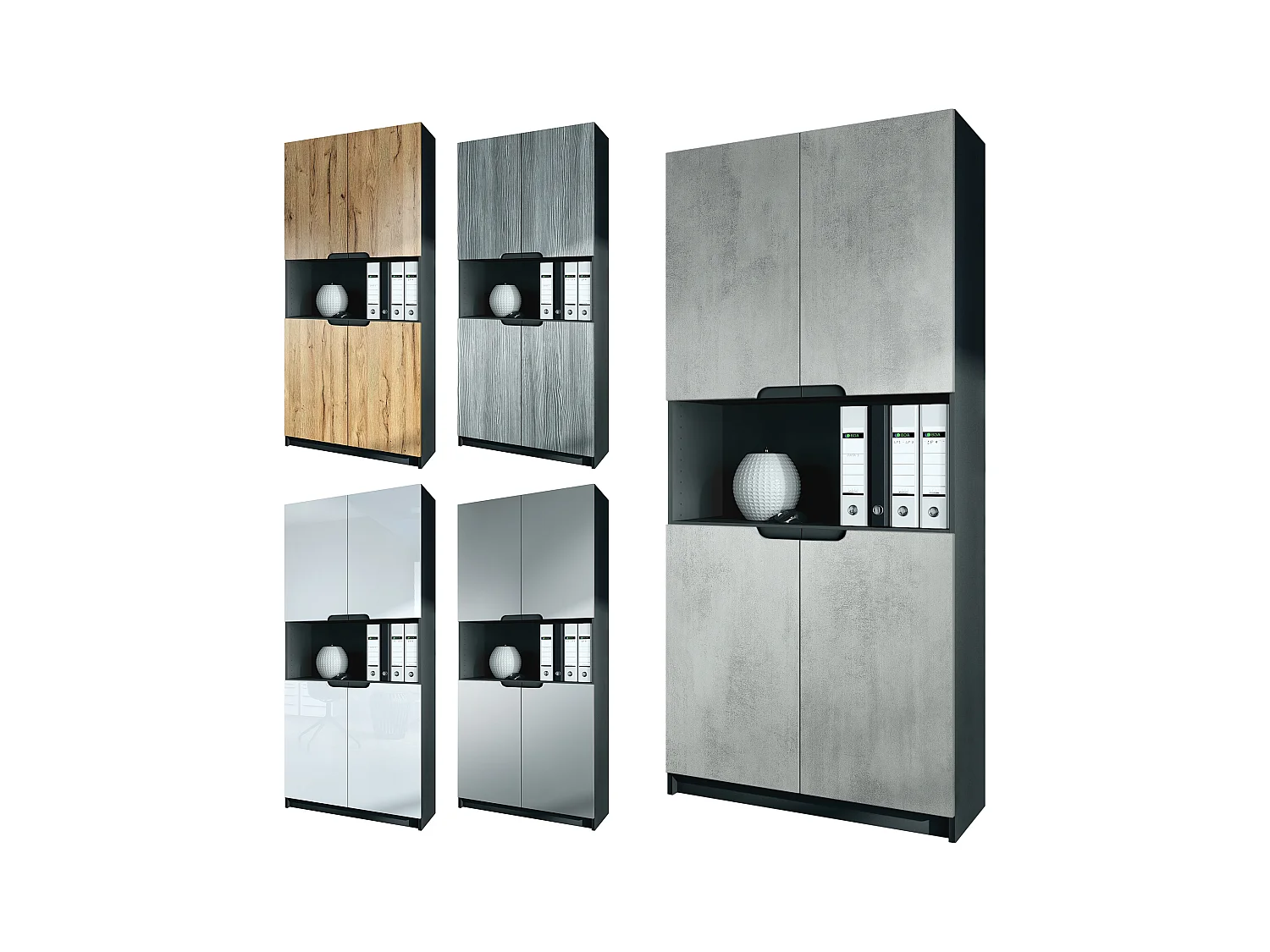 Étagère de bureau Logan V2, Armoire de rangement avec 5 compartiments et 4 portes, noir mat/gris clair satiné mat (82 x 184 x 37 cm)