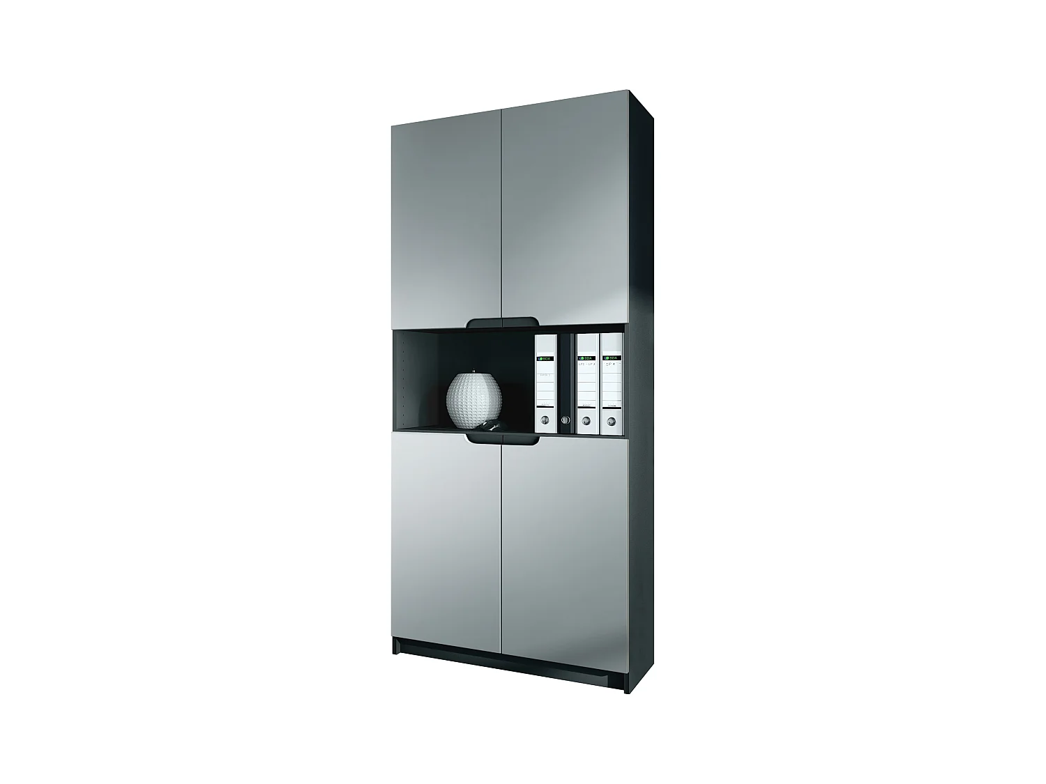 Étagère de bureau Logan V2, Armoire de rangement avec 5 compartiments et 4 portes, noir mat/gris clair satiné mat (82 x 184 x 37 cm)