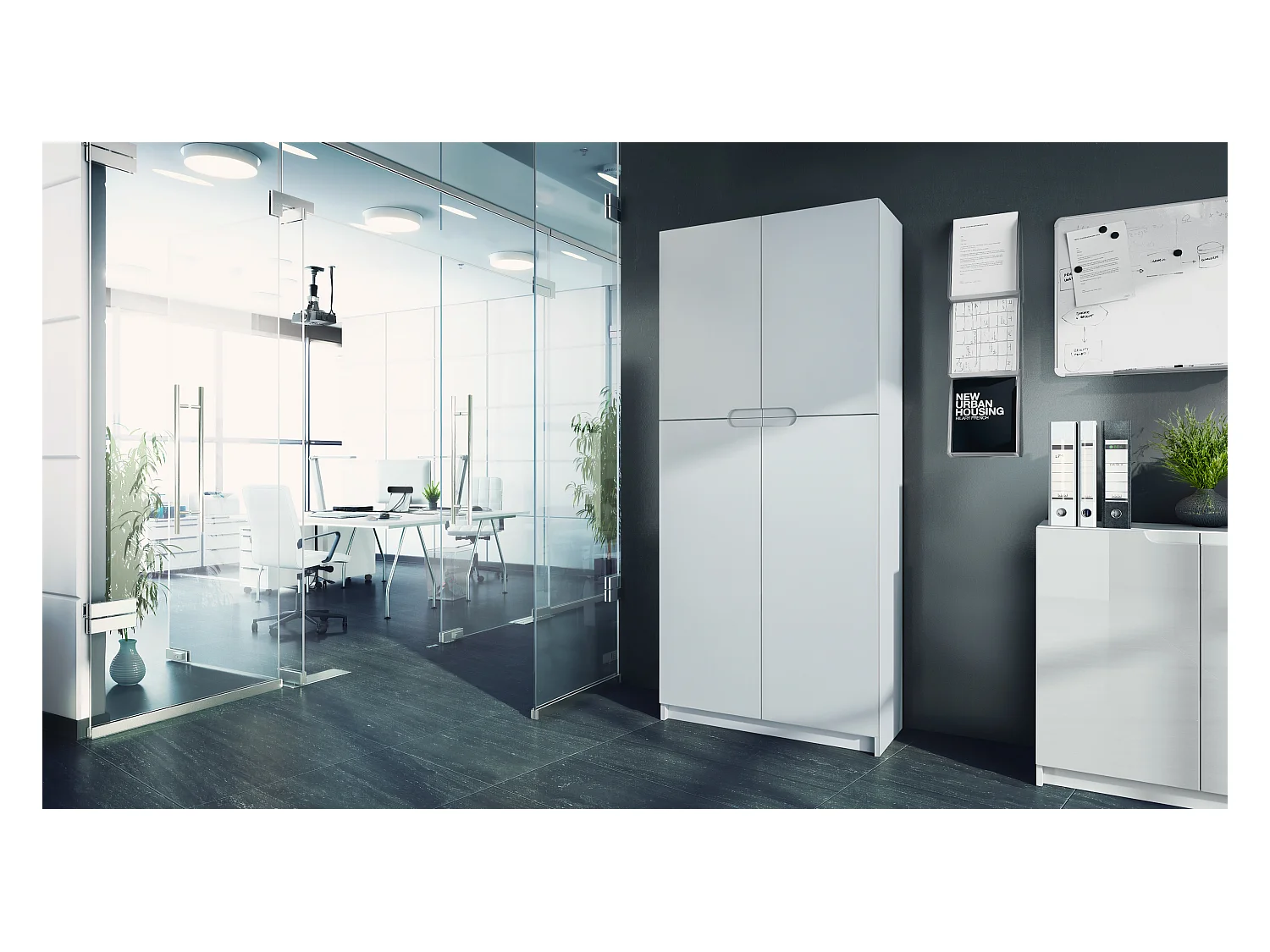 Meuble rangement bureau Logan V1, Armoire de bureau haute avec 5 compartiments et 4 portes, blanc mat/blanc mat (82 x 185 x 37 cm)