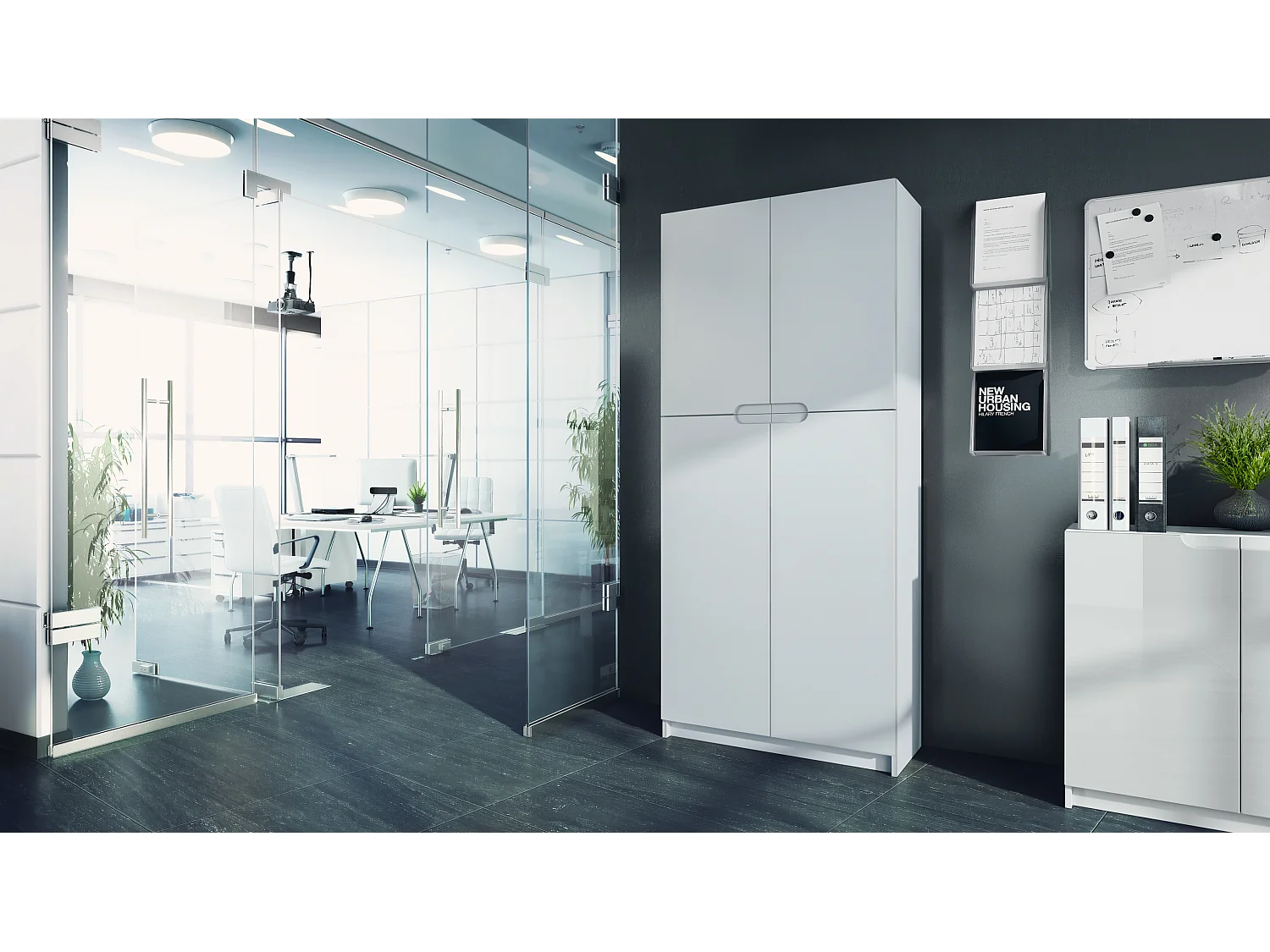 Logan V1, mobile per ufficio, schedario con 5 scomparti e 4 ante, bianco opaco/bianco opaco (82 x 185 x 37 cm)