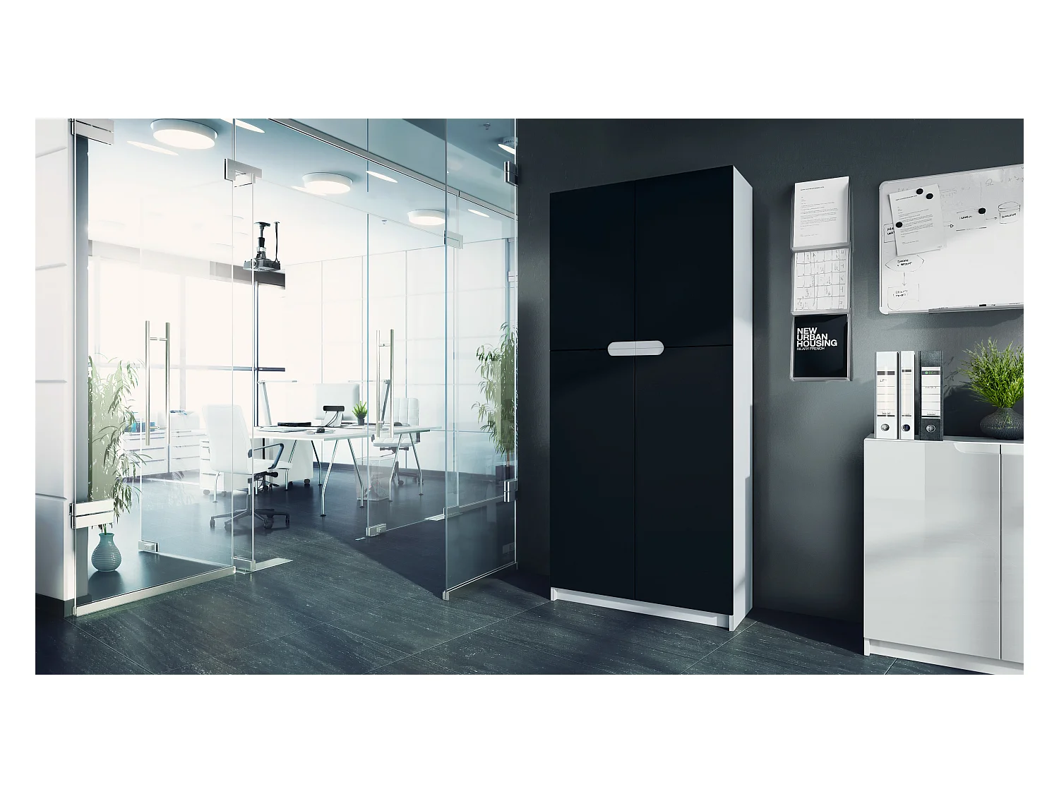 Meuble rangement bureau Logan V1, Armoire de bureau haute avec 5 compartiments et 4 portes, blanc mat/noir mat (82 x 185 x 37 cm)