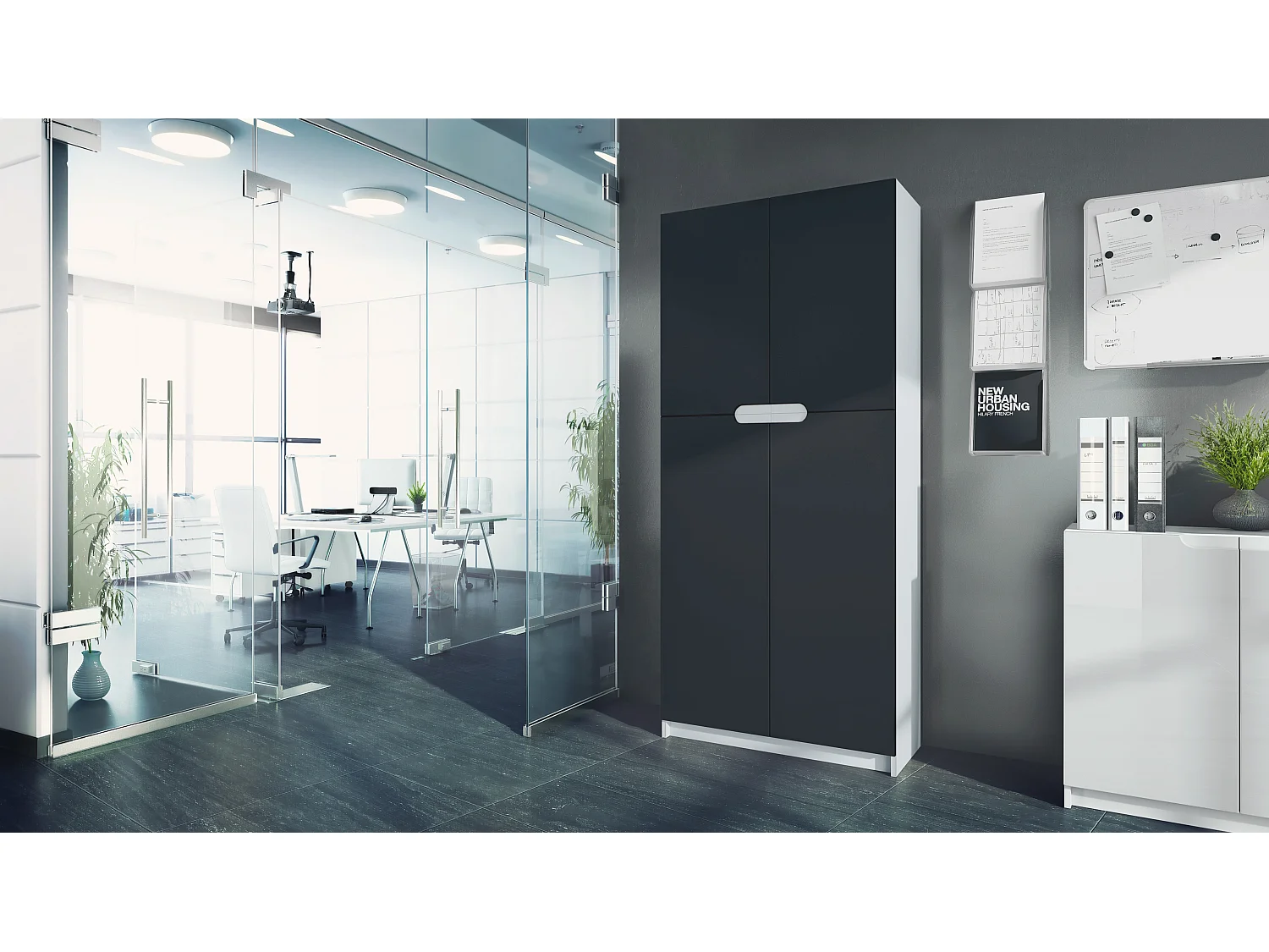 Meuble rangement bureau Logan V1, Armoire de bureau haute avec 5 compartiments et 4 portes, blanc mat/noir mat (82 x 185 x 37 cm)