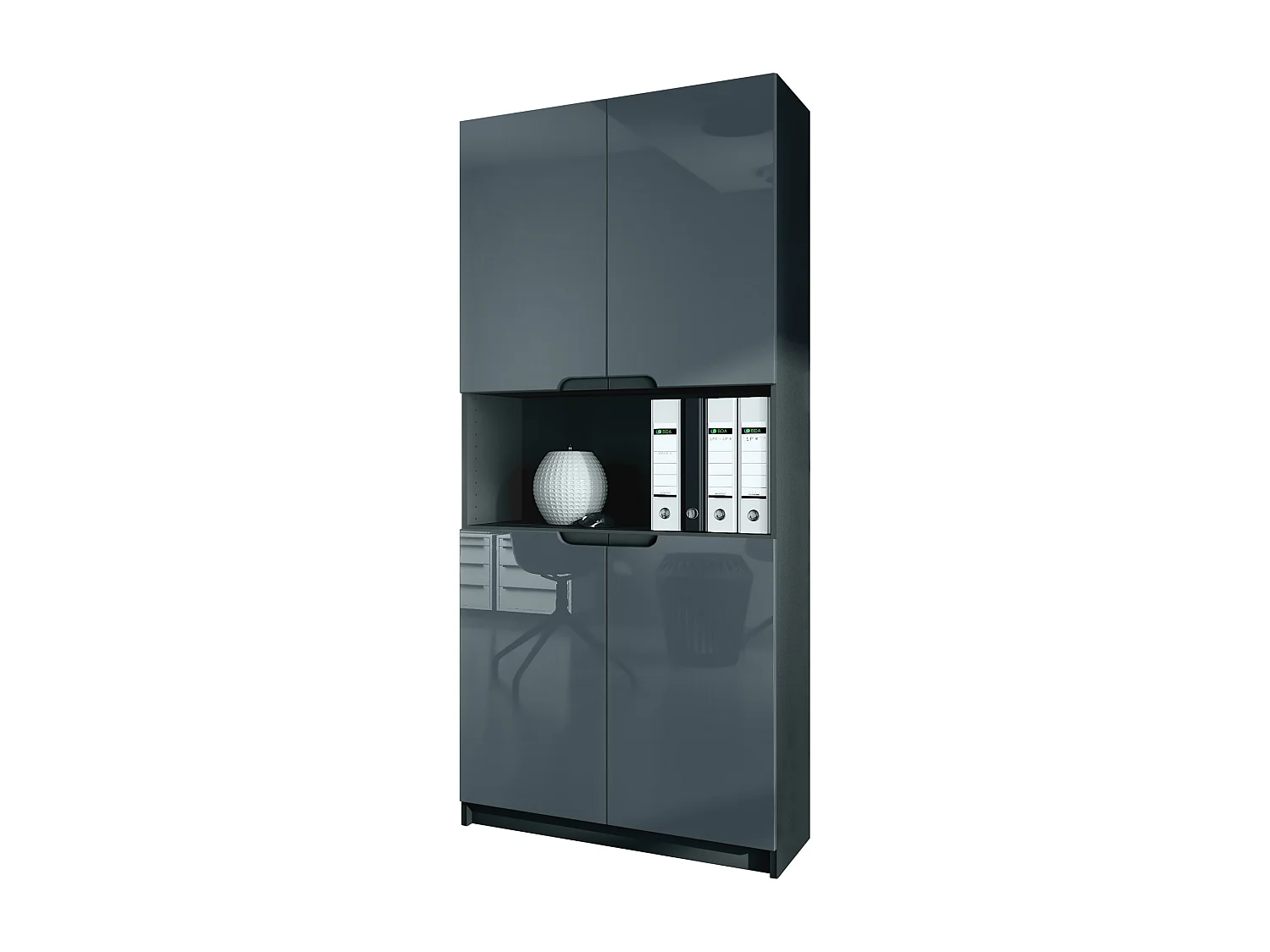 Étagère de bureau Logan V2, Armoire de rangement avec 5 compartiments et 4 portes, noir mat/gris haute brillance (82 x 184 x 37 cm)