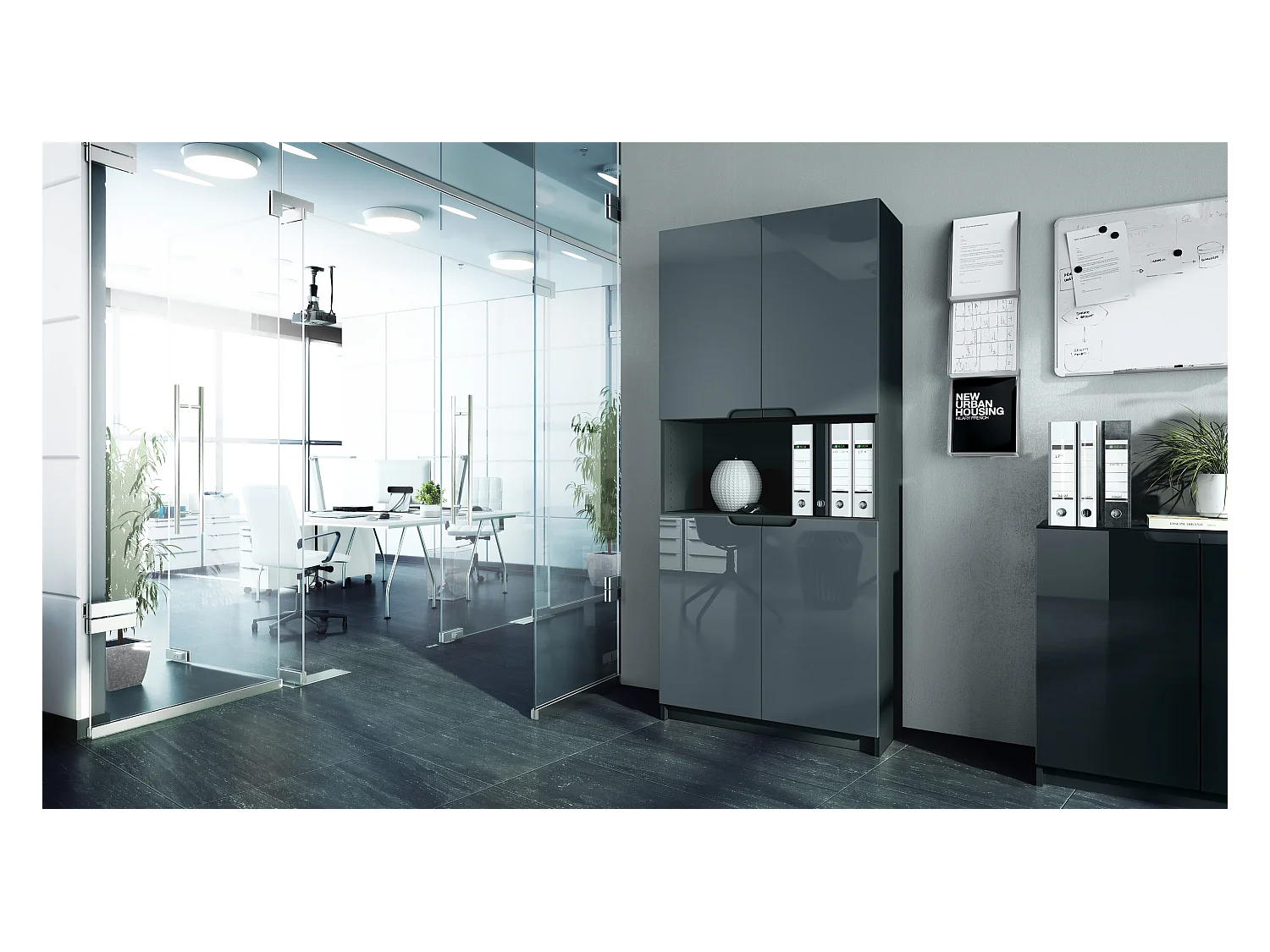 Étagère de bureau Logan V2, Armoire de rangement avec 5 compartiments et 4 portes, noir mat/gris haute brillance (82 x 184 x 37 cm)