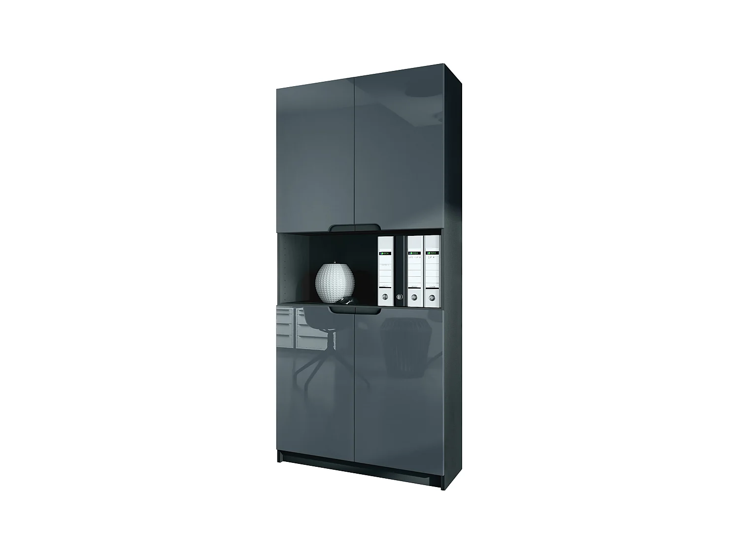 Étagère de bureau Logan V2, Armoire de rangement avec 5 compartiments et 4 portes, noir mat/gris haute brillance (82 x 184 x 37 cm)