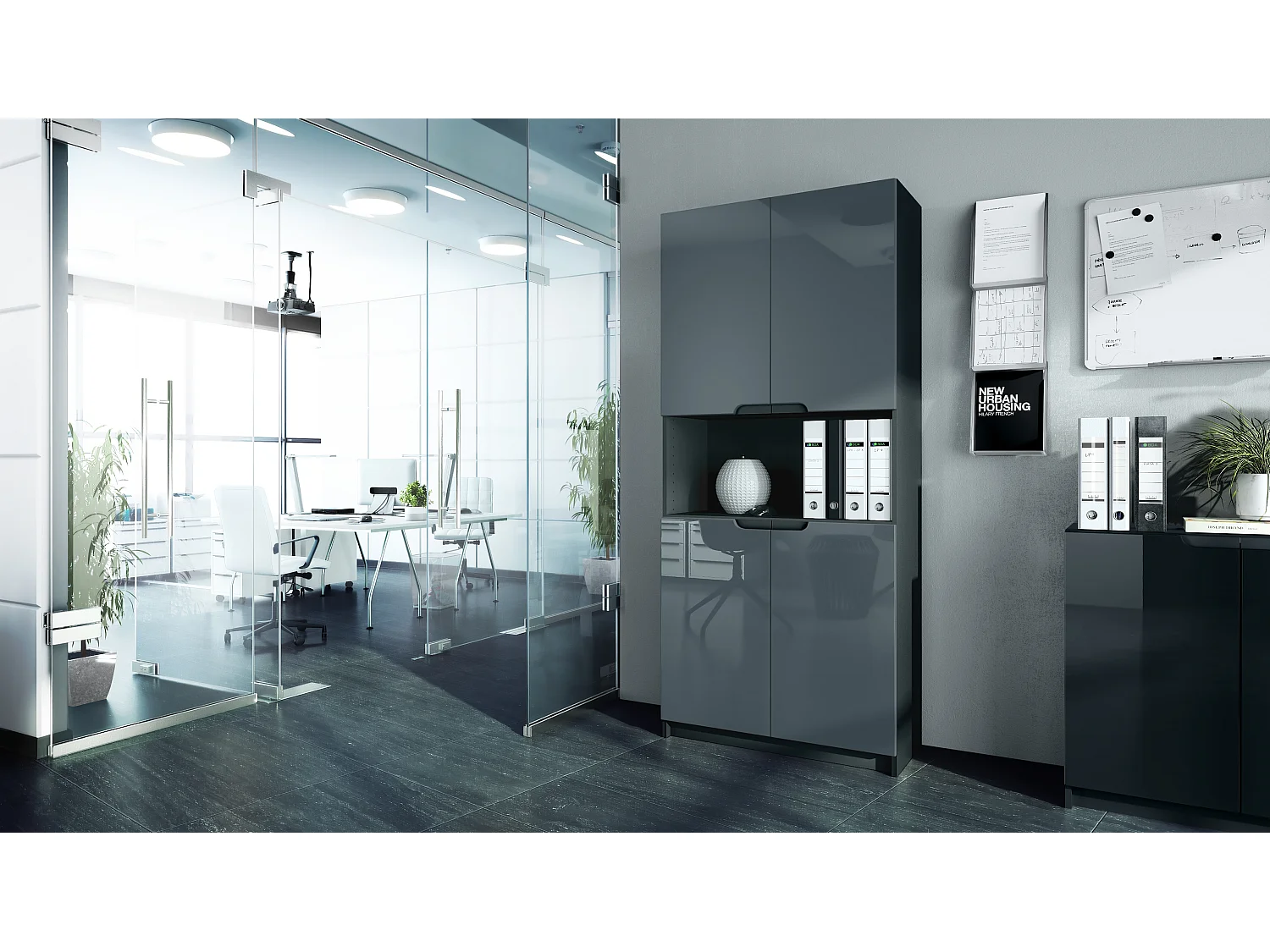 BÜROSCHRANK Logan Fronten in Grau Hochglanz