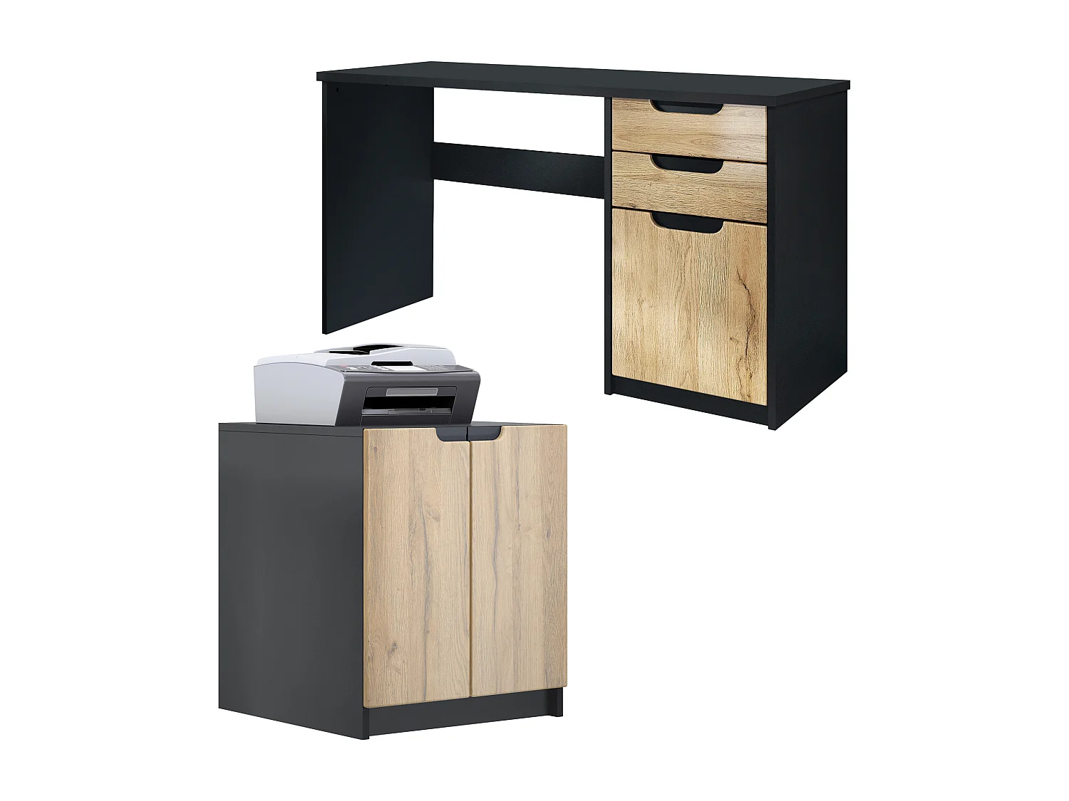Mobilier de bureau ensemble bureau à domicile Paris, fabriqué en Allemagne avec meuble pour imprimante et bureau, noir mat / chêne nature