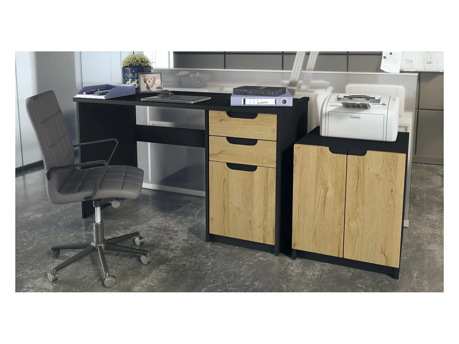 Mobilier de bureau ensemble bureau à domicile Paris, fabriqué en Allemagne avec meuble pour imprimante et bureau, noir mat / chêne nature