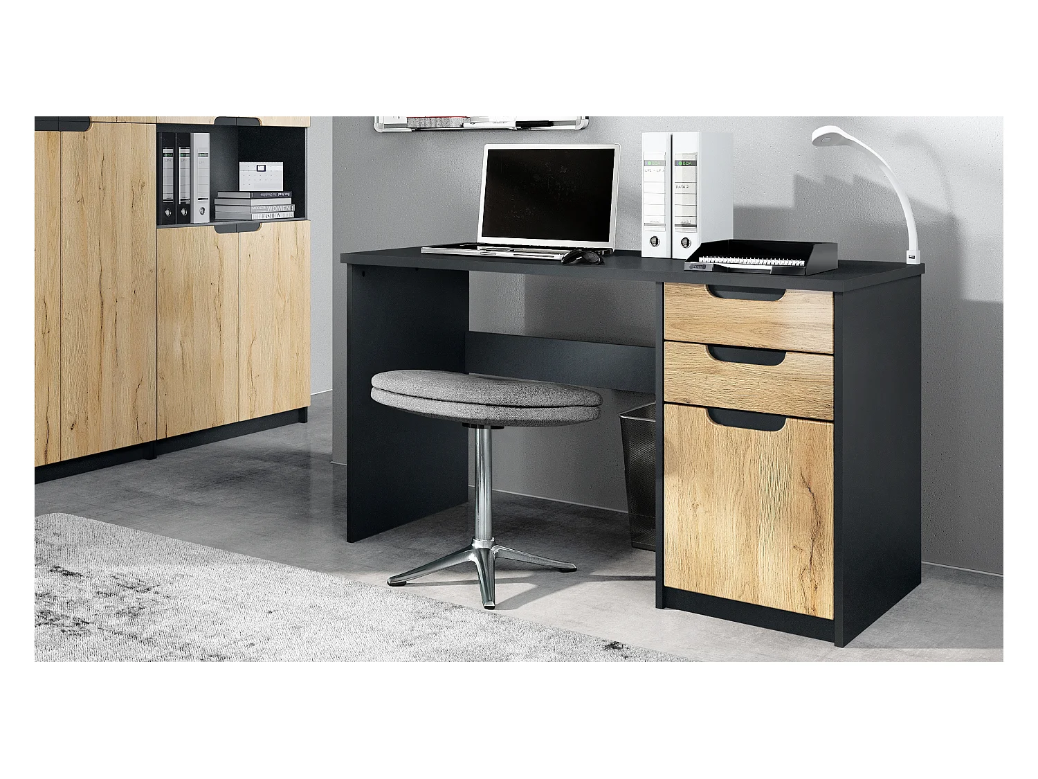 Mobilier de bureau ensemble bureau à domicile Paris, fabriqué en Allemagne avec meuble pour imprimante et bureau, noir mat / chêne nature