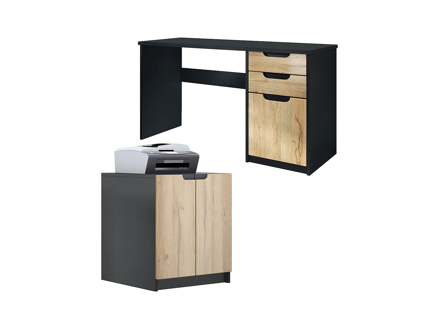 Mobilier de bureau ensemble bureau à domicile Paris, fabriqué en Allemagne avec meuble pour imprimante et bureau, noir mat / chêne nature