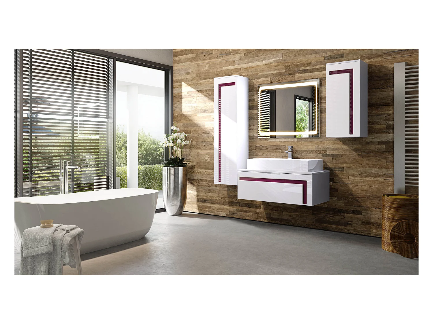 Meuble sous vasque Lavabo Aloha V2, Corps en Blanc mat / Façades en Blanc haute brillance avec un décor en Mûre haute brillance, avec Vasque à poser et Robinet (M1)