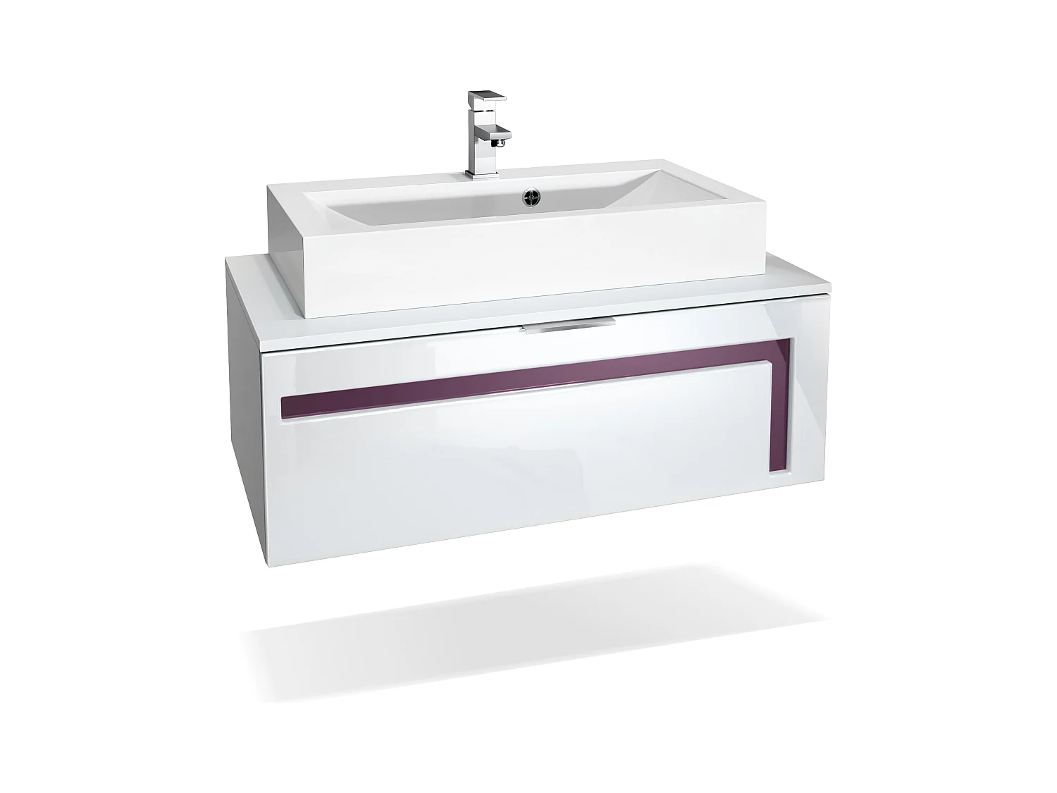 Meuble sous vasque Lavabo Aloha V2, Corps en Blanc mat / Façades en Blanc haute brillance avec un décor en Mûre haute brillance, avec Vasque à poser et Robinet (M1)
