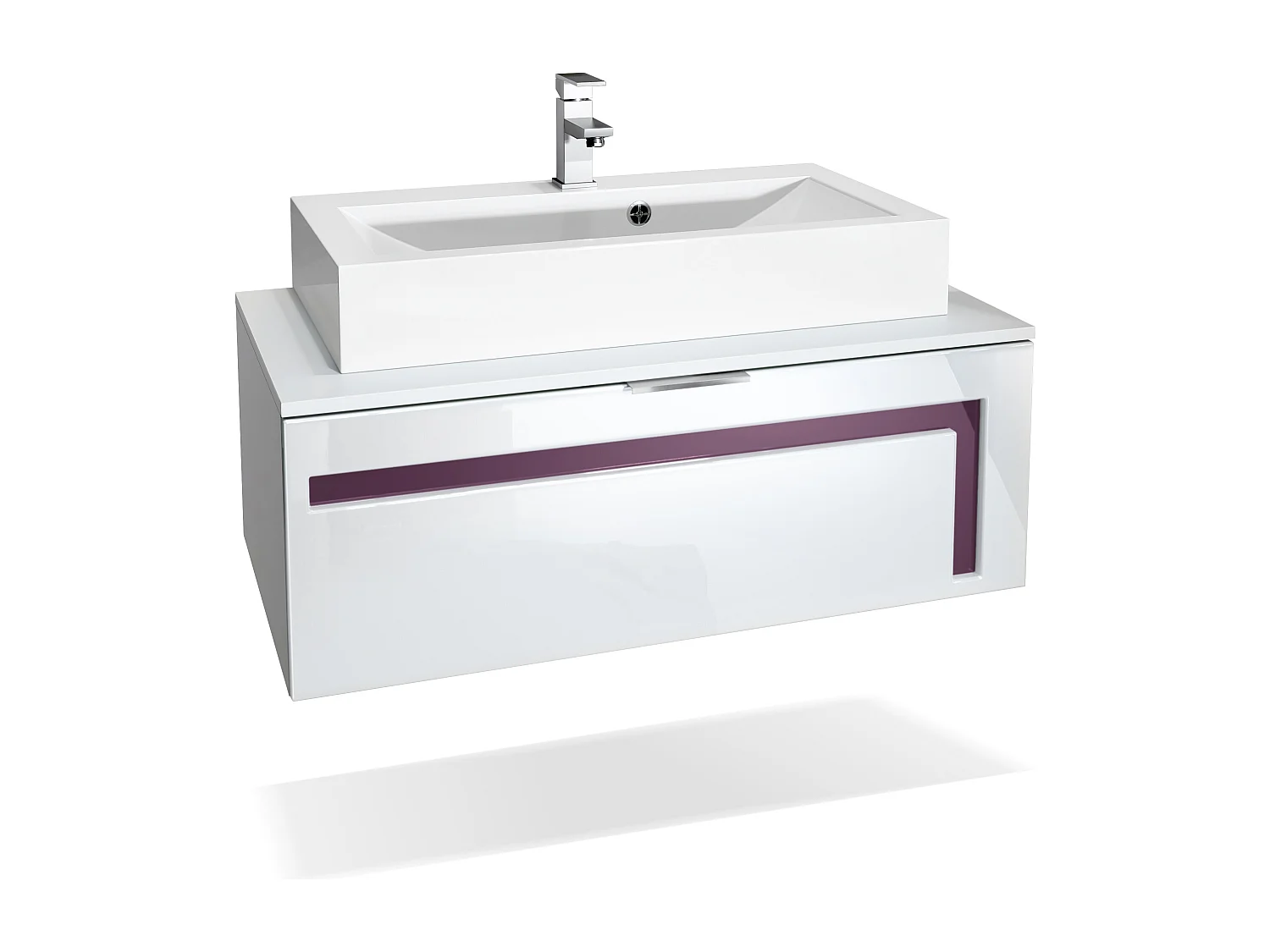 Mobile da bagno Aloha V2, struttura in bianco opaco / frontali in bianco lucido e sfalsati in violetto-porpora con lavabo da appoggio e rubinetto (M1)