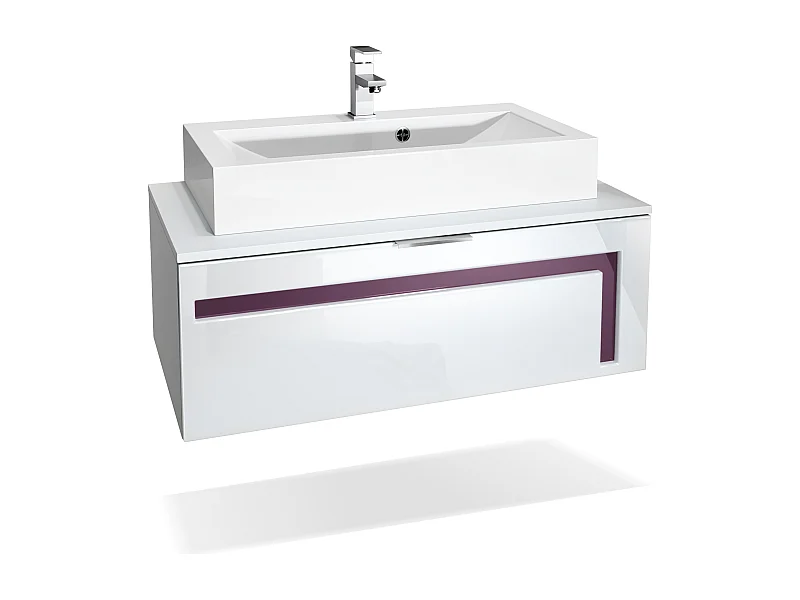 Mobile da bagno Aloha V2, struttura in bianco opaco / frontali in bianco lucido e sfalsati in violetto-porpora con lavabo da appoggio e rubinetto (M1)