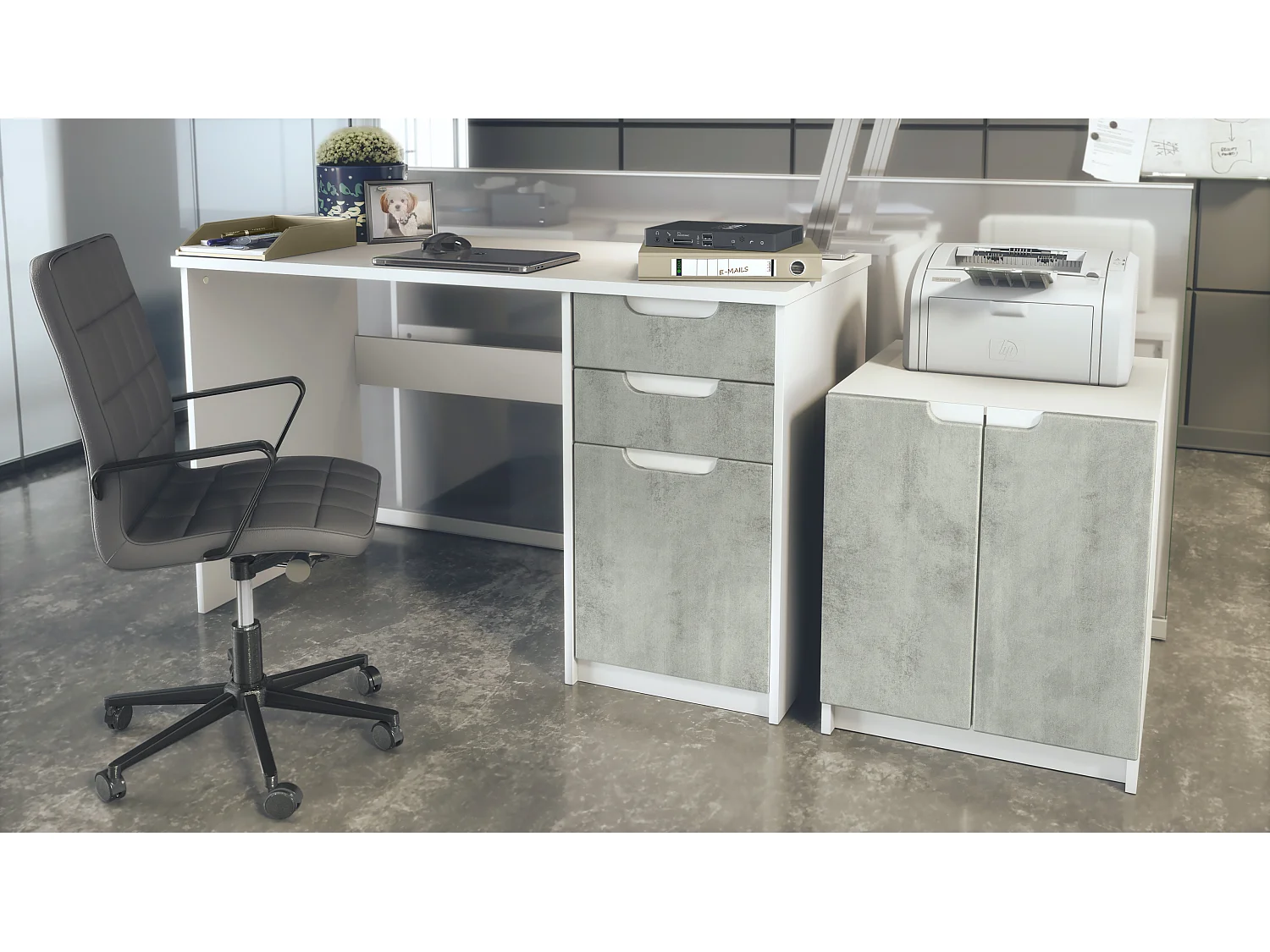 Mobiliario de oficina set home office París, fabricado en Alemania con mueble para impresora y escritorio, blanco mate / hormigón oxidado