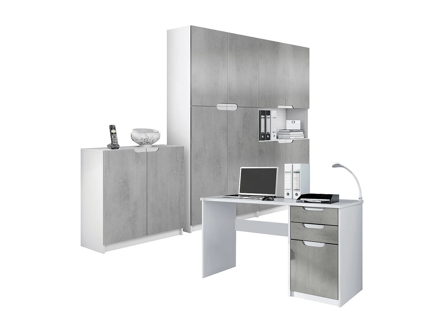 Ensemble de meubles de bureau Armoire Commode Rangement Logan, Corps en blanc mat / Façades en aspect béton oxyde