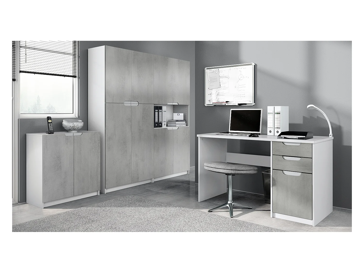 Ensemble de meubles de bureau Armoire Commode Rangement Logan, Corps en blanc mat / Façades en aspect béton oxyde