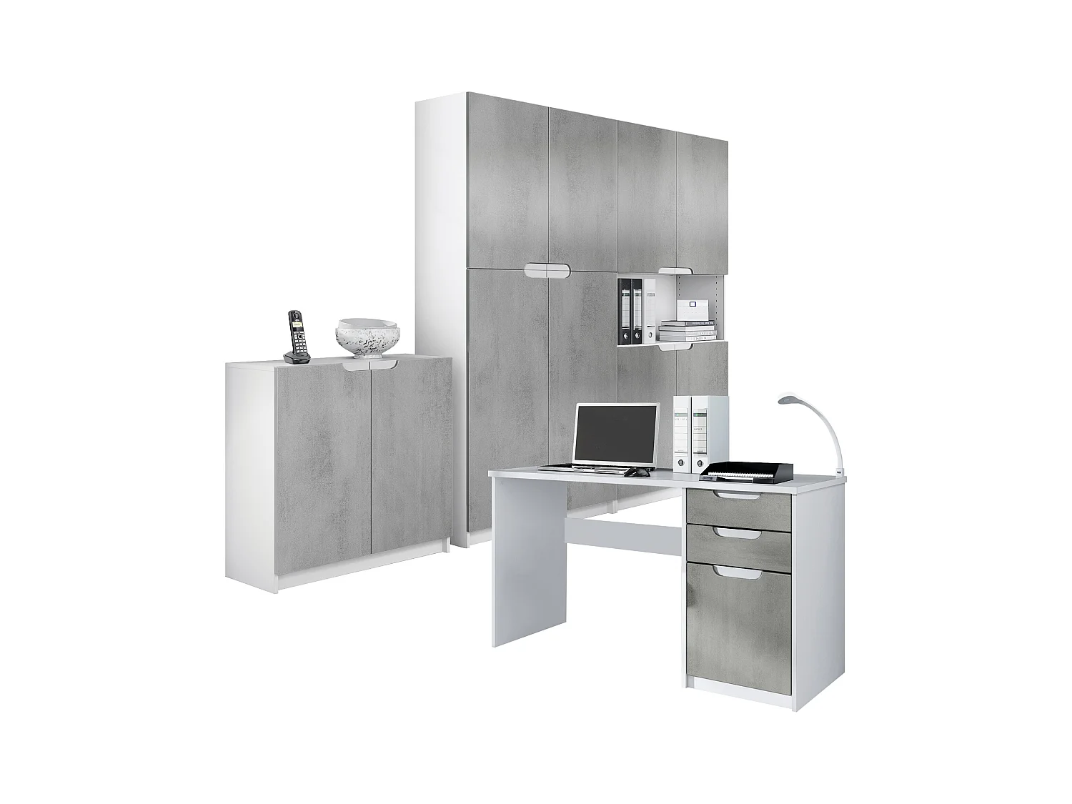 Ensemble de meubles de bureau Armoire Commode Rangement Logan, Corps en blanc mat / Façades en aspect béton oxyde