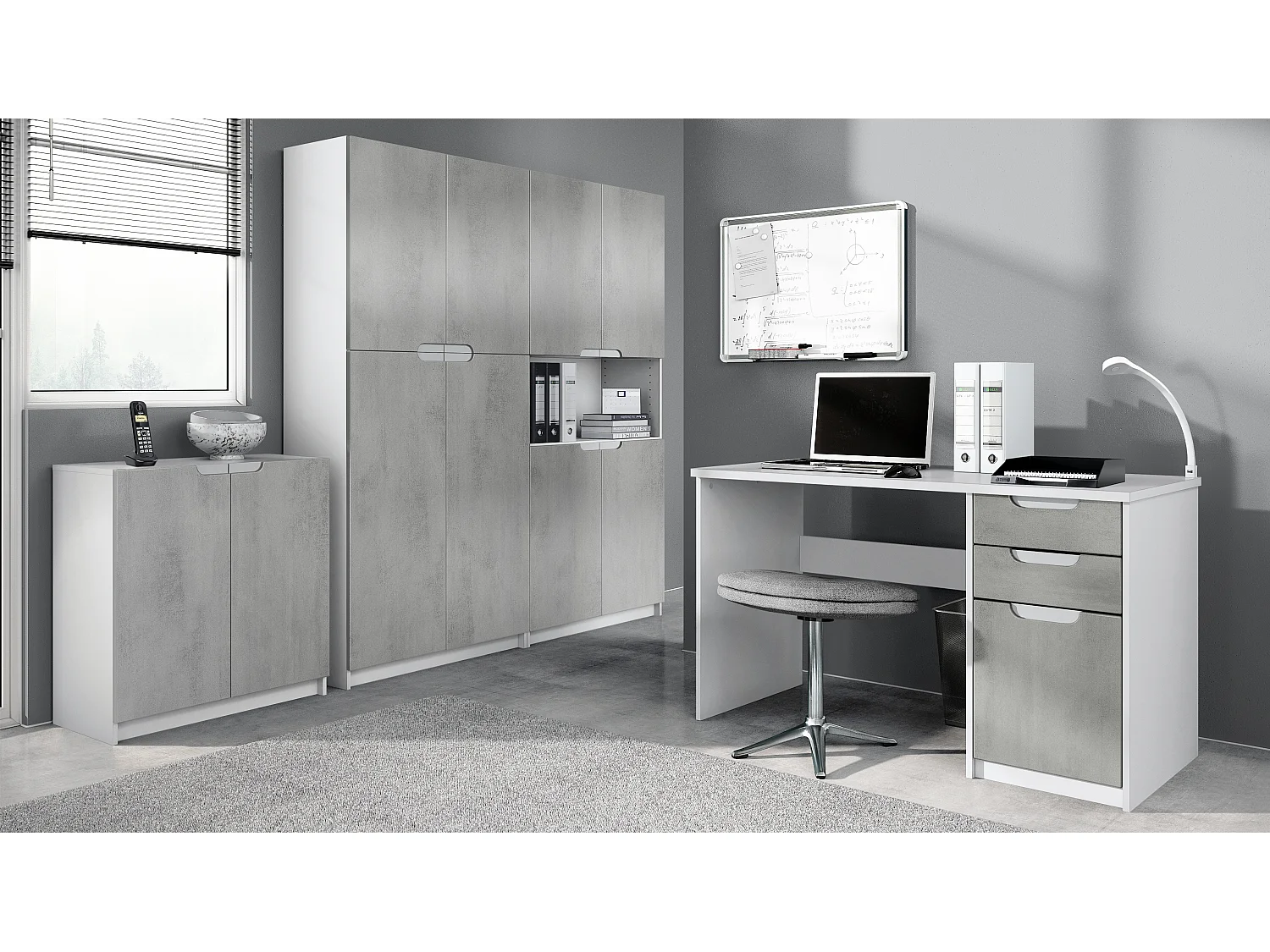 Set di mobili per ufficio Armadio e scrivania Logan, struttura in bianco opaco / frontali in ottica cermento ossido