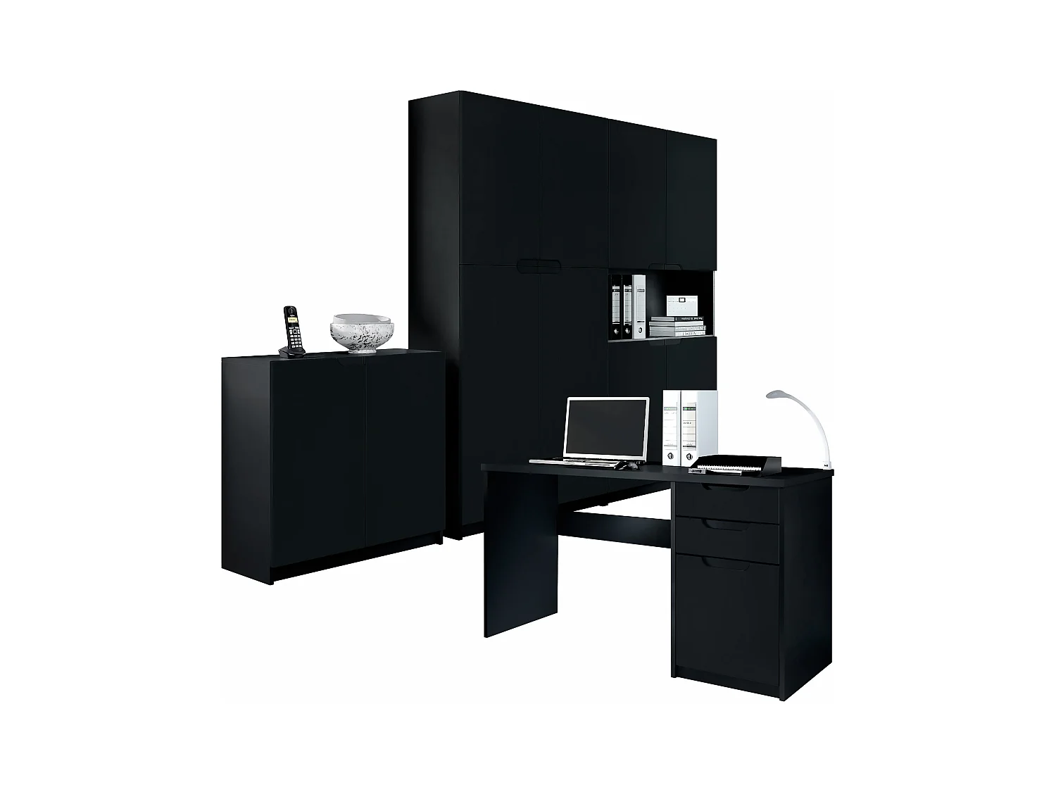 Ensemble de meubles de bureau Armoire Commode Rangement Logan, Corps en noir mat / Façades en noir mat