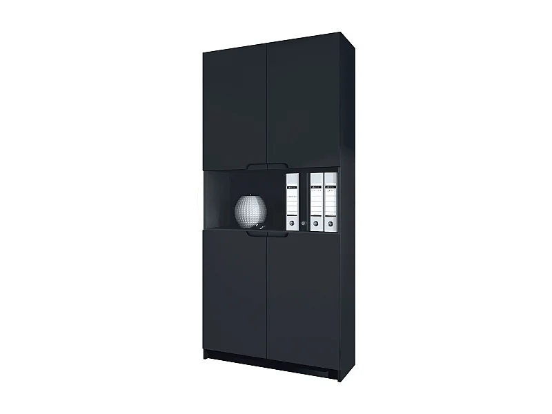 Étagère de bureau Logan V2, Armoire de rangement avec 5 compartiments et 4 portes, noir mat/noir mat (82 x 184 x 37 cm)