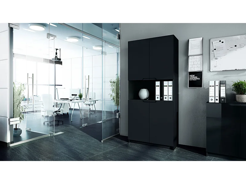 Étagère de bureau Logan V2, Armoire de rangement avec 5 compartiments et 4 portes, noir mat/noir mat (82 x 184 x 37 cm)