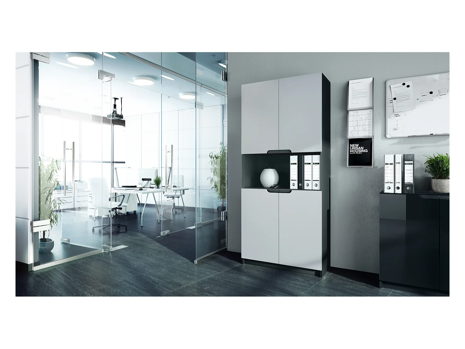 Armario Oficina Logan V2, Mueble Archivador con 5 Compartimentos y 4 Puertas, negro mate/blanco mate (82 x 184 x 37 cm)