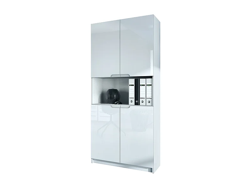 Étagère de bureau Logan V2, Armoire de rangement avec 5 compartiments et 4 portes, blanc mat/blanc haute brillance (82 x 184 x 37 cm)