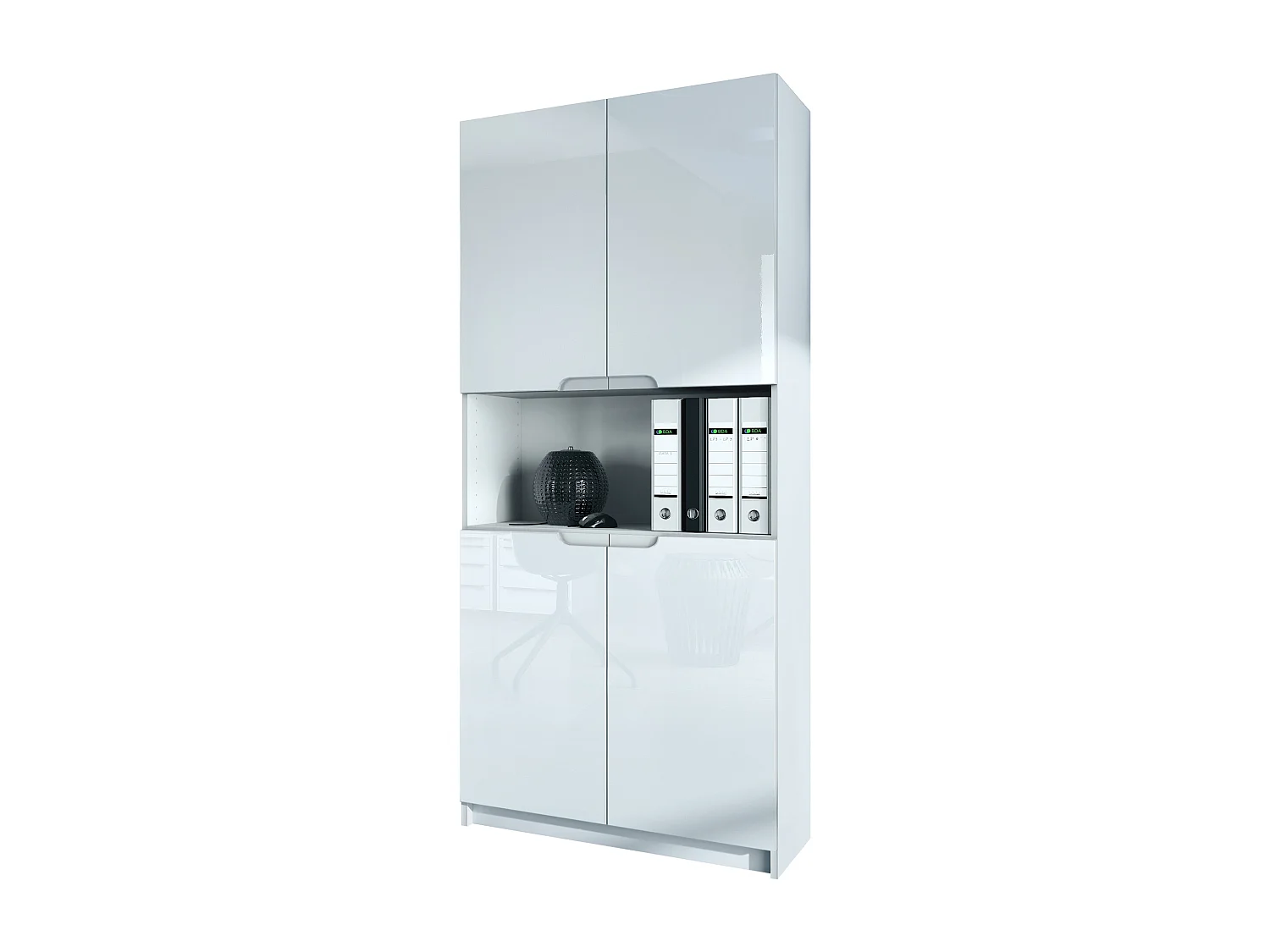 Étagère de bureau Logan V2, Armoire de rangement avec 5 compartiments et 4 portes, blanc mat/blanc haute brillance (82 x 184 x 37 cm)