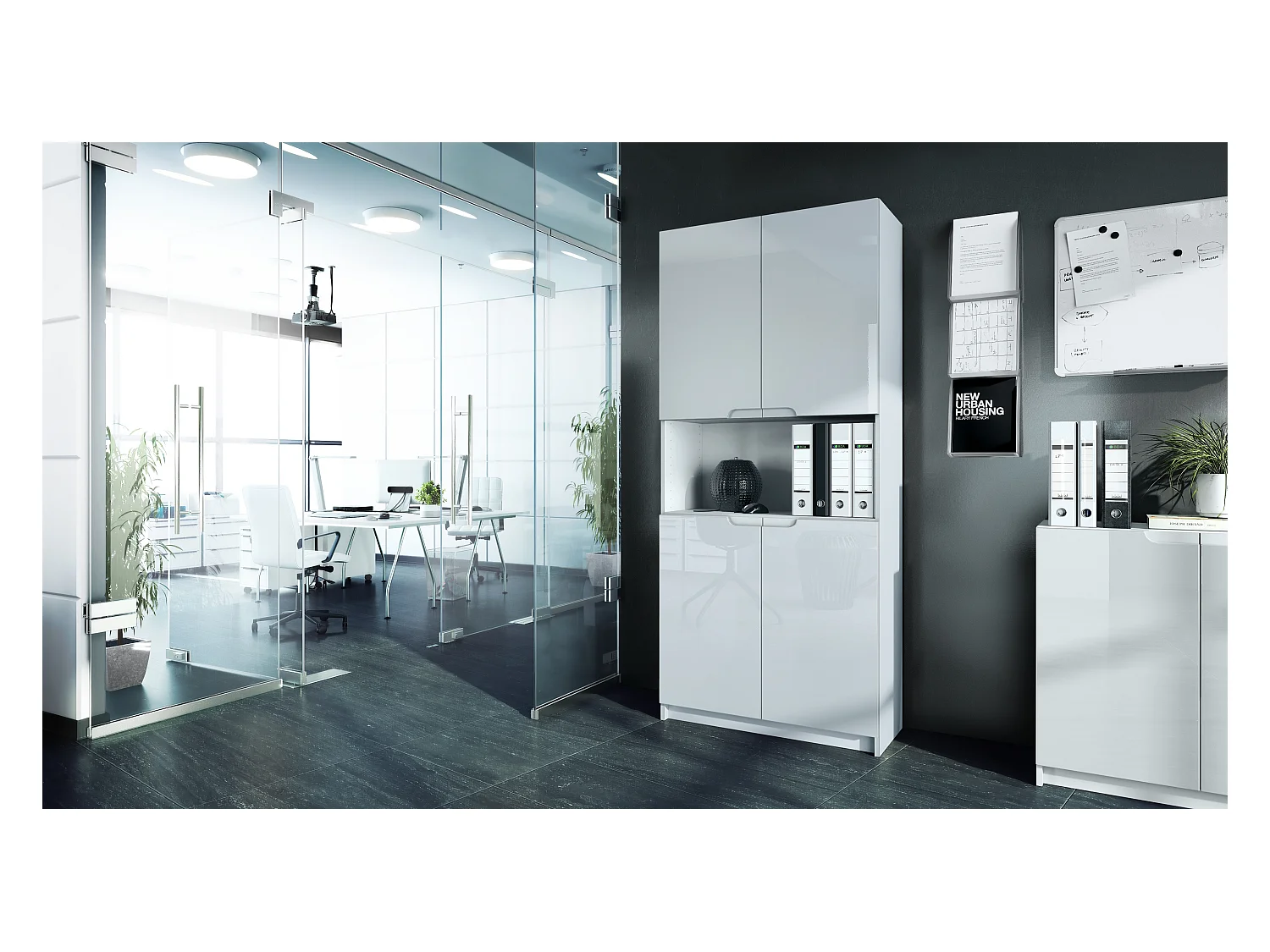 Étagère de bureau Logan V2, Armoire de rangement avec 5 compartiments et 4 portes, blanc mat/blanc haute brillance (82 x 184 x 37 cm)