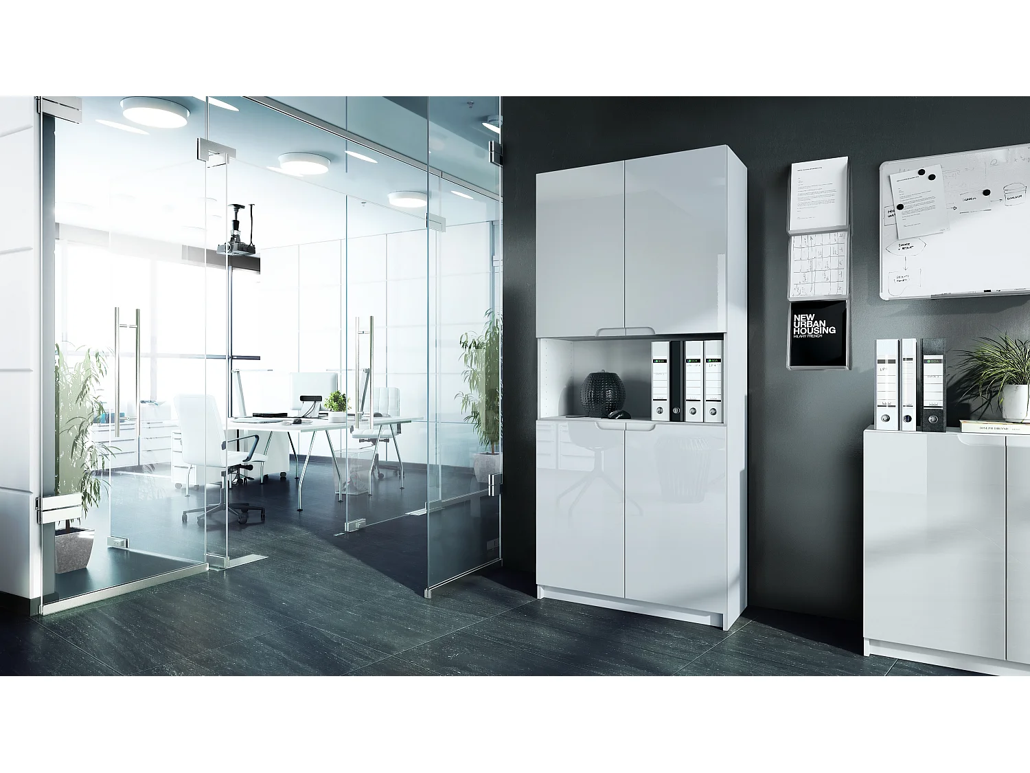 Étagère de bureau Logan V2, Armoire de rangement avec 5 compartiments et 4 portes, blanc mat/blanc haute brillance (82 x 184 x 37 cm)