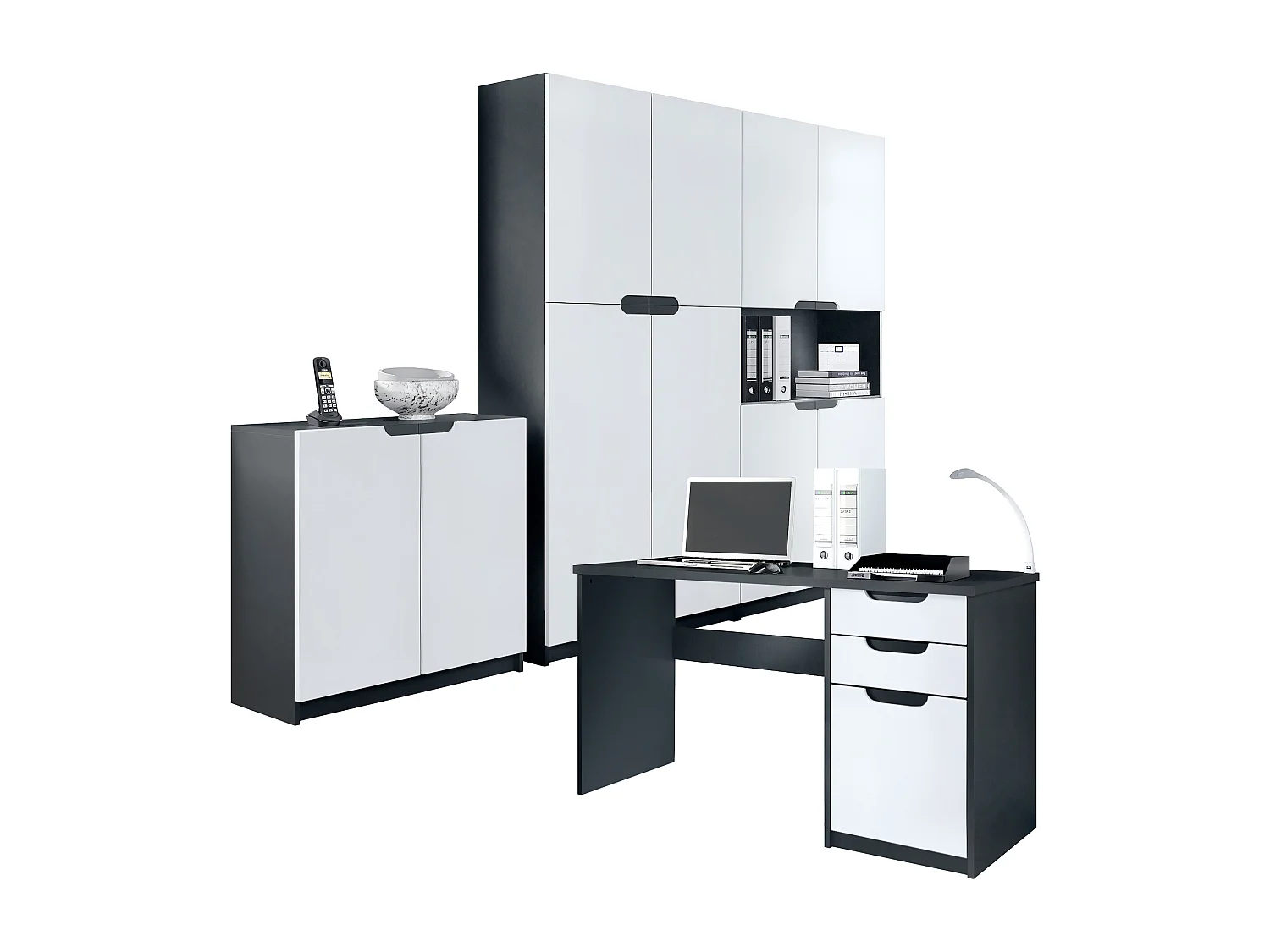 Ensemble de meubles de bureau Armoire Commode Rangement Logan, Corps en noir mat / Façades en blanc mat