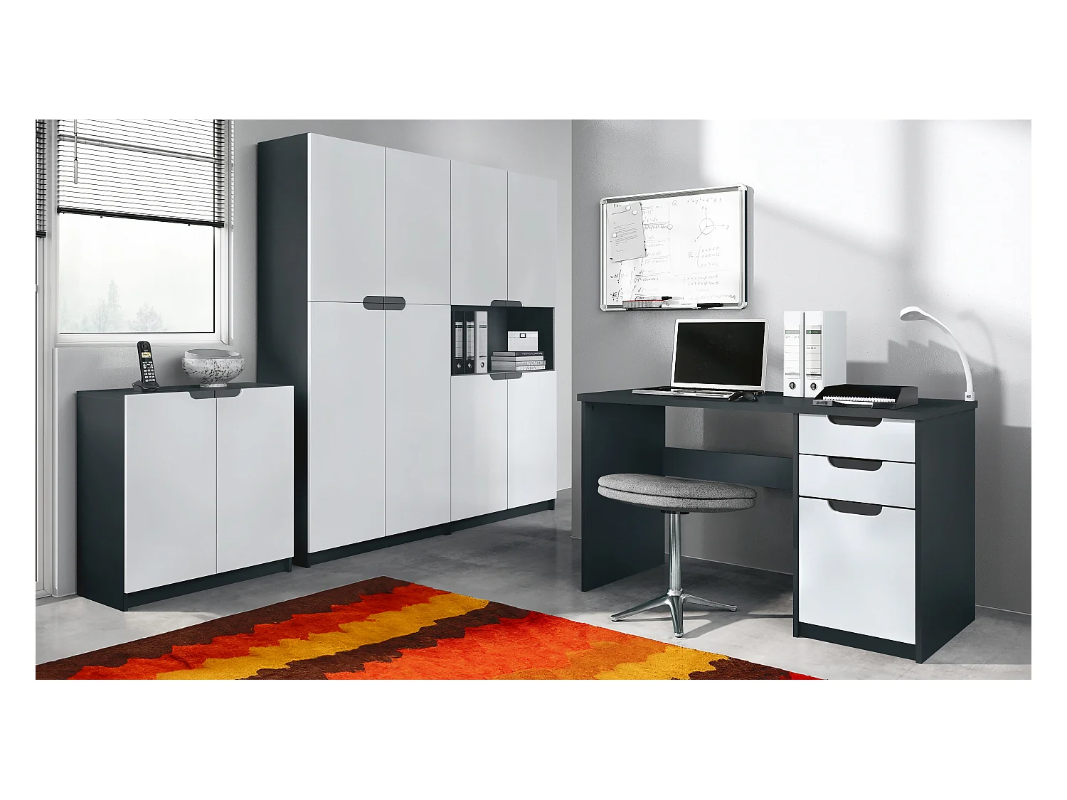 Ensemble de meubles de bureau Armoire Commode Rangement Logan, Corps en noir mat / Façades en blanc mat