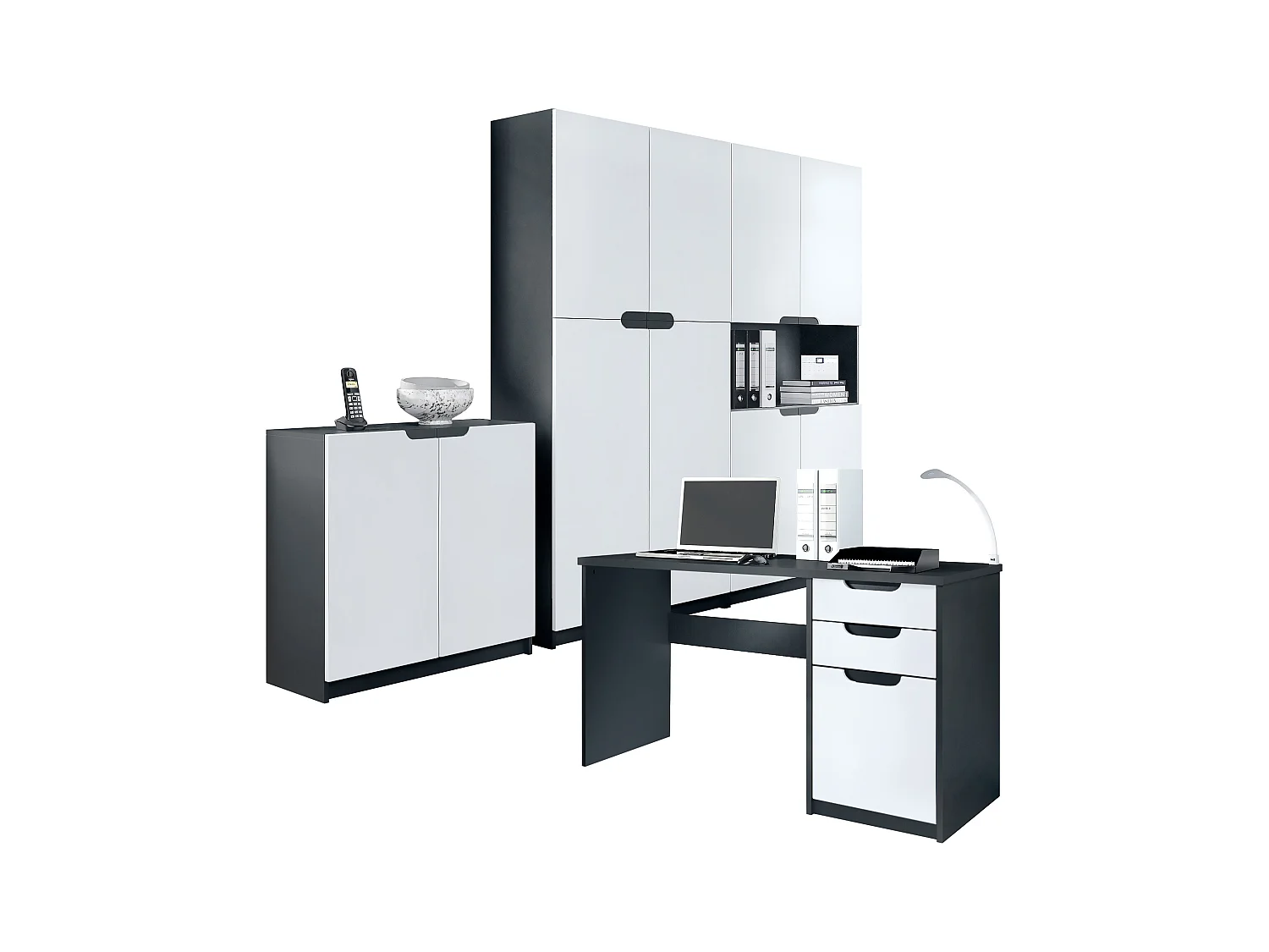 Ensemble de meubles de bureau Armoire Commode Rangement Logan, Corps en noir mat / Façades en blanc mat