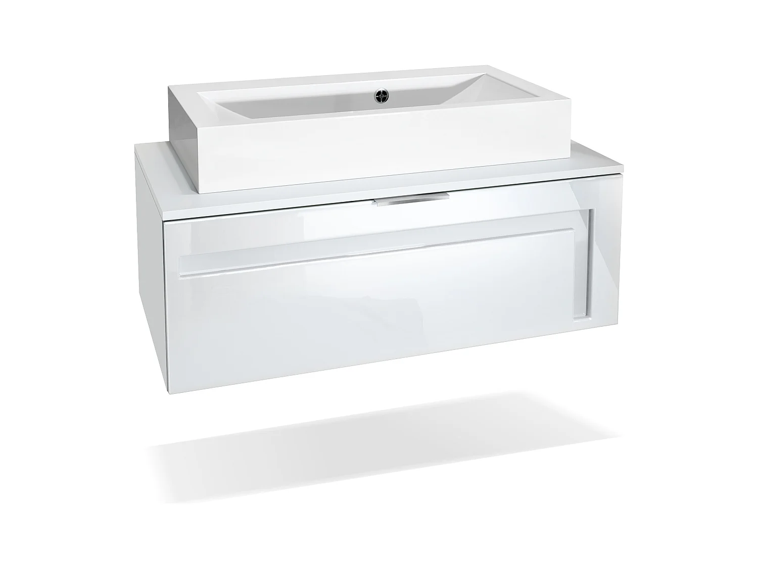 Meuble sous vasque Lavabo Aloha V2, Corps en Blanc mat / Façades en Blanc haute brillance avec un décor en Blanc haute brillance, avec Vasque à poser