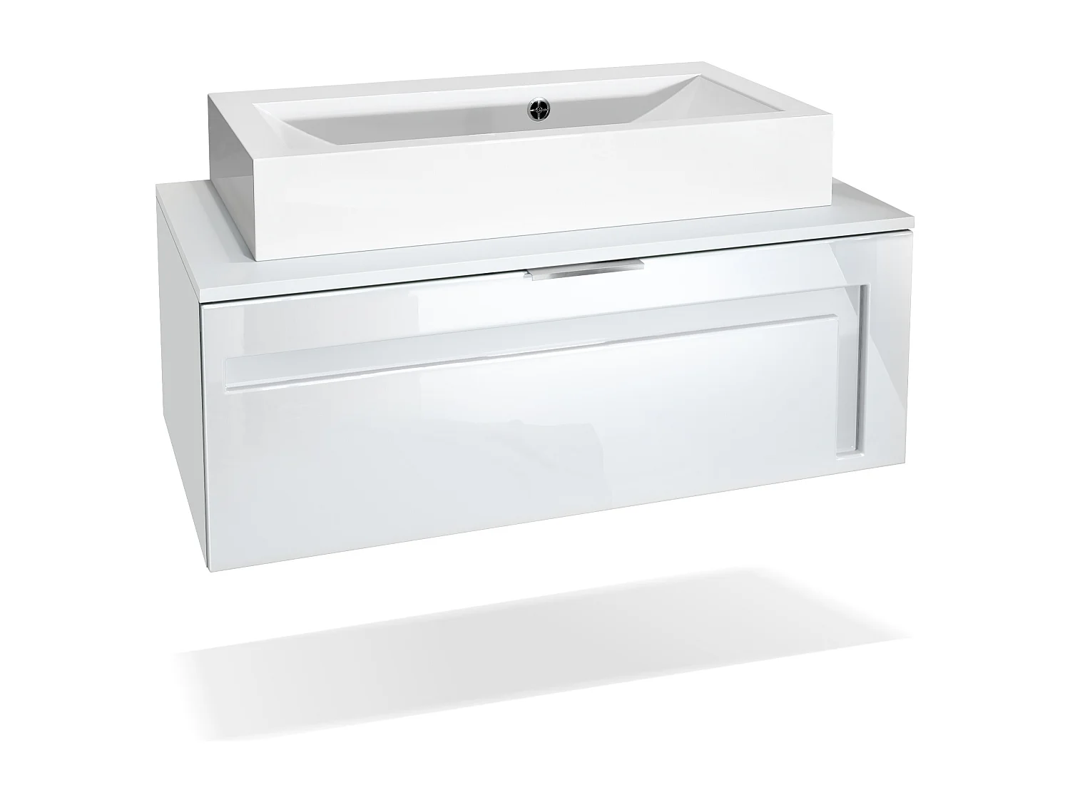 Mobile da bagno Aloha V2, struttura in bianco opaco / frontali in bianco lucido con sfalsature in bianco lucido, con lavabo da appoggio