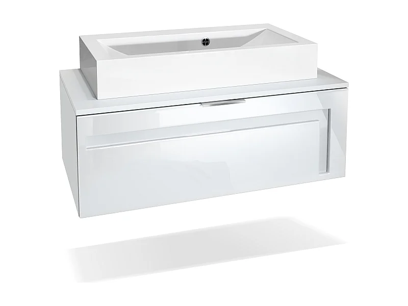 Mobile da bagno Aloha V2, struttura in bianco opaco / frontali in bianco lucido con sfalsature in bianco lucido, con lavabo da appoggio
